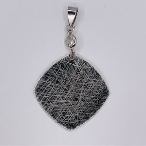 Modern Pendant Stainless Steel Silver Tone Square Etched Dangle Clear Rhinestone